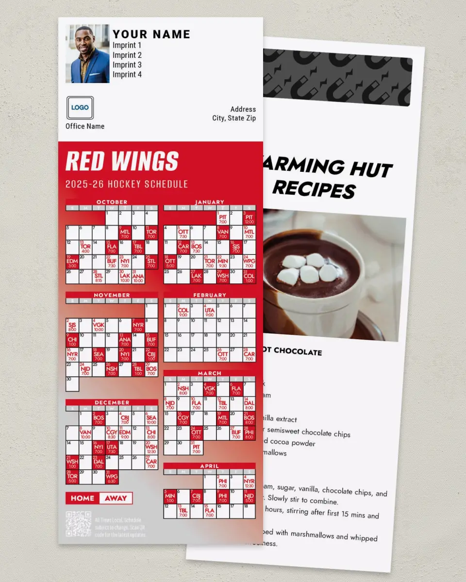 This is a 3½" x 9" Hockey Schedule MagnetCard called Detroit Red Wings printed in full color