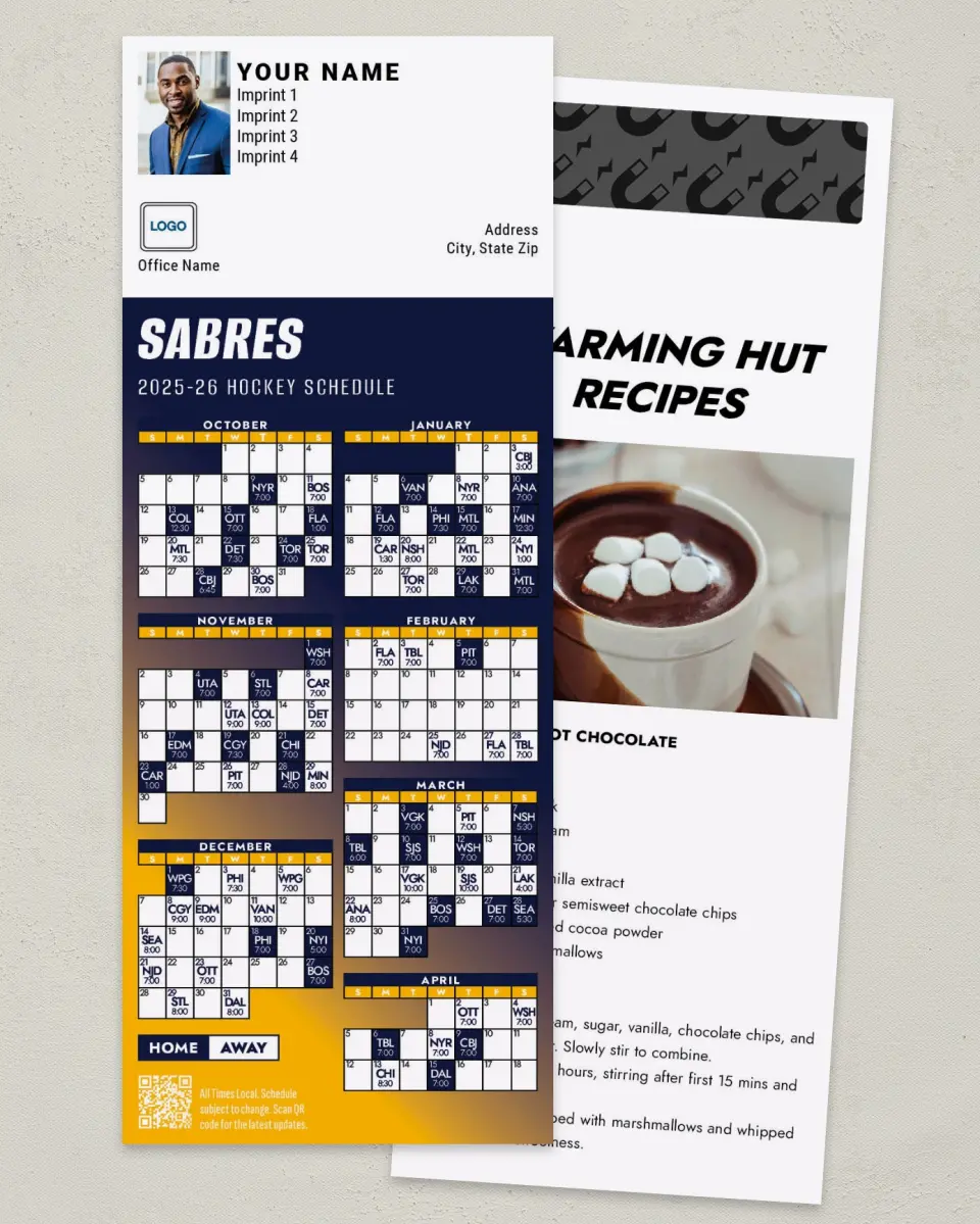 This is a 3½" x 9" Hockey Schedule MagnetCard called Buffalo Sabres printed in full color