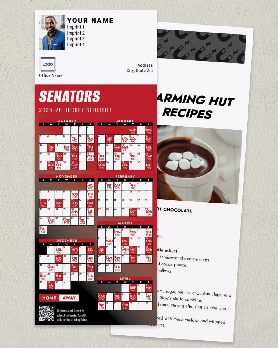 This is a 3½" x 9" Hockey Schedule MagnetCard called Ottawa Senators printed in full color