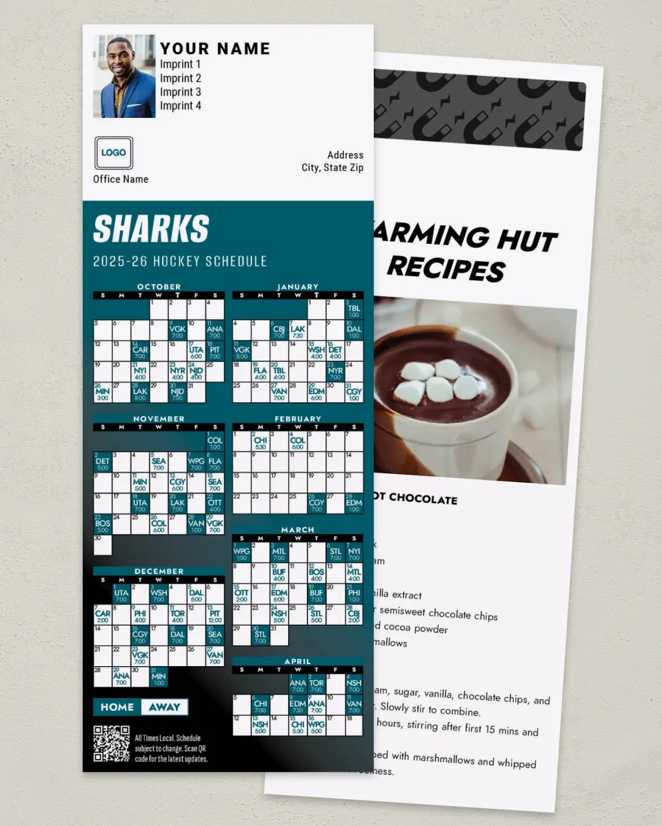 This is a 3½" x 9" Hockey Schedule MagnetCard called San Jose Sharks printed in full color