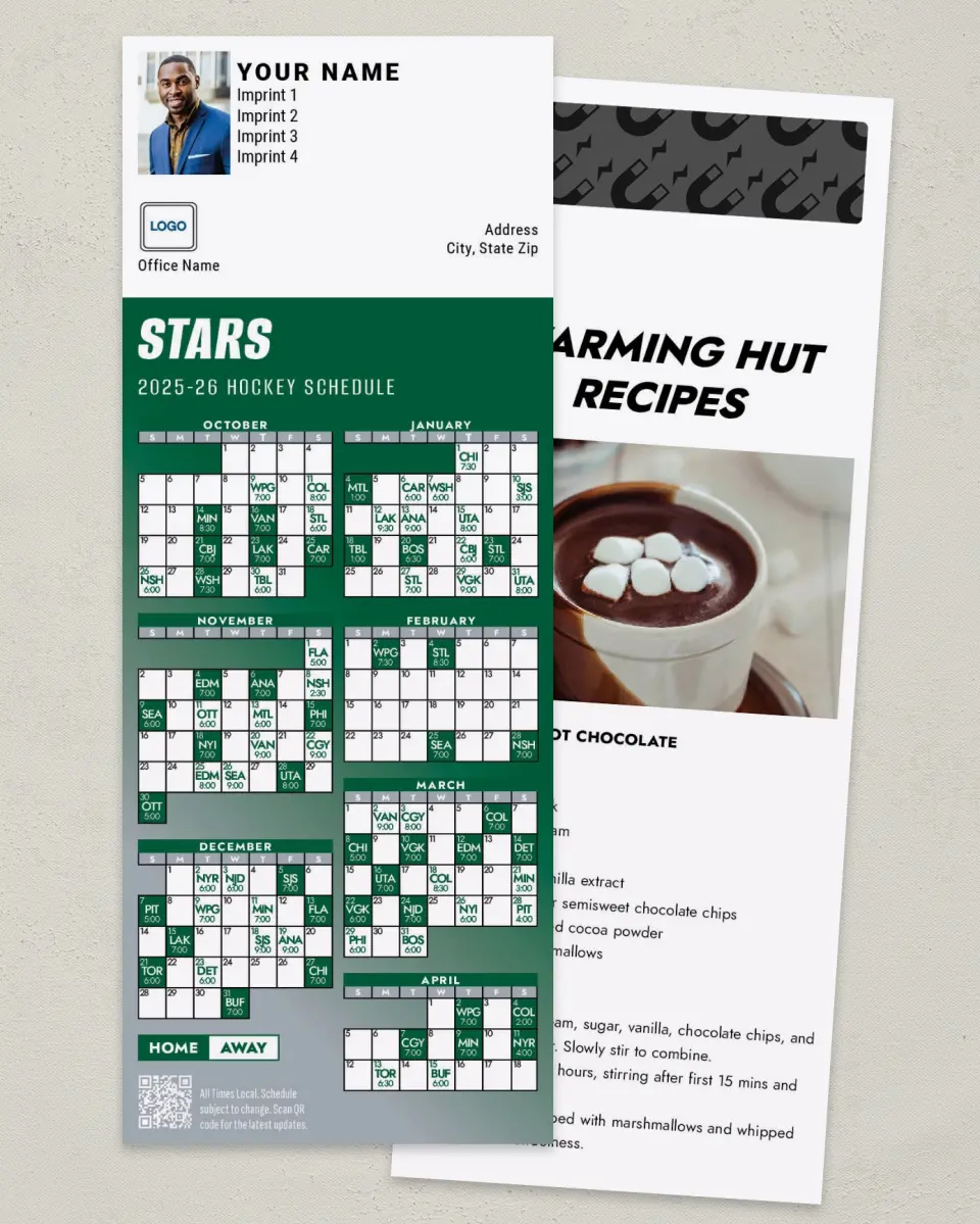 This is a 3½" x 9" Hockey Schedule MagnetCard called Dallas Stars printed in full color