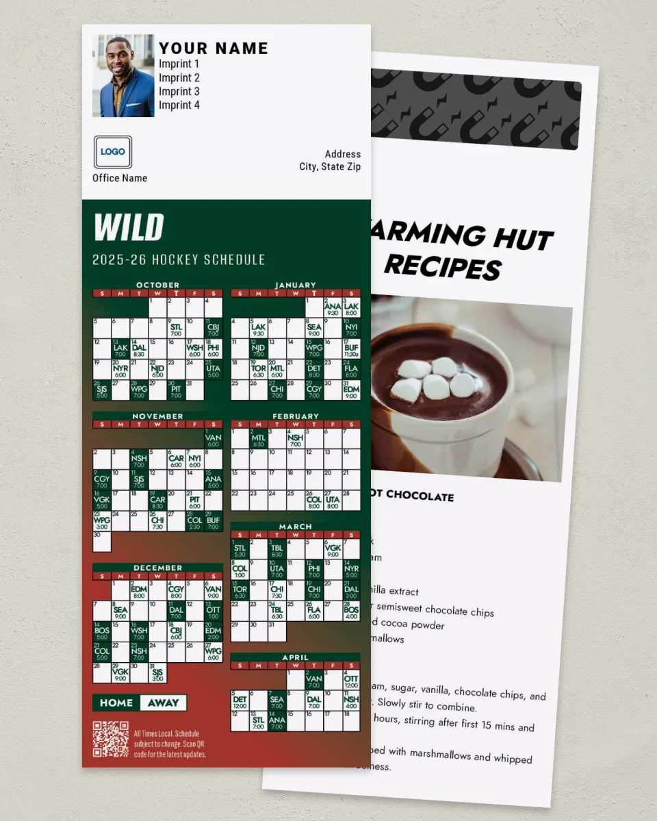 This is a 3½" x 9" Hockey Schedule MagnetCard called Minnesota Wild printed in full color