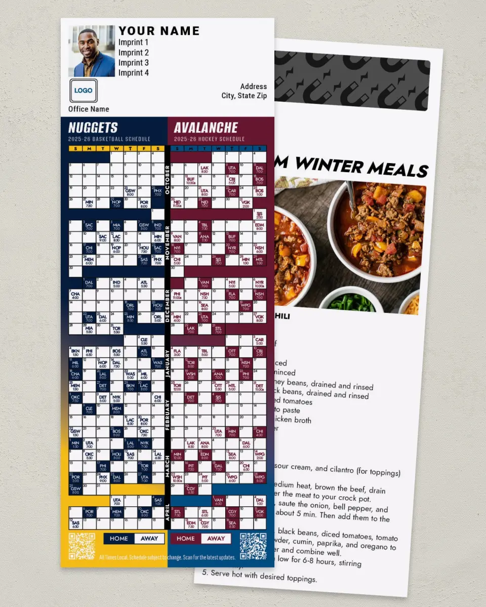 This is a 3½" x 9" Hockey & Basketball Schedule Magnet called Avalanche & Nuggets printed in full color