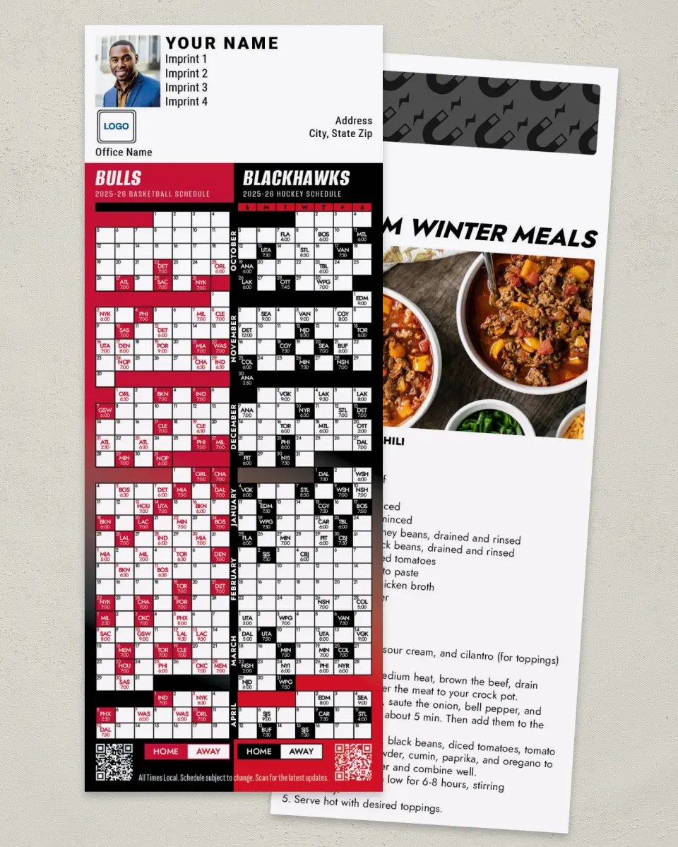 This is a 3½" x 9" Hockey & Basketball Schedule Magnet called Blackhawks & Bulls printed in full color