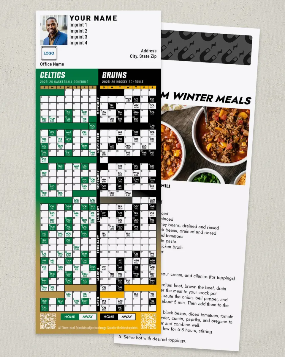 This is a 3½" x 9" Hockey & Basketball Schedule Magnet called Bruins & Celtics printed in full color