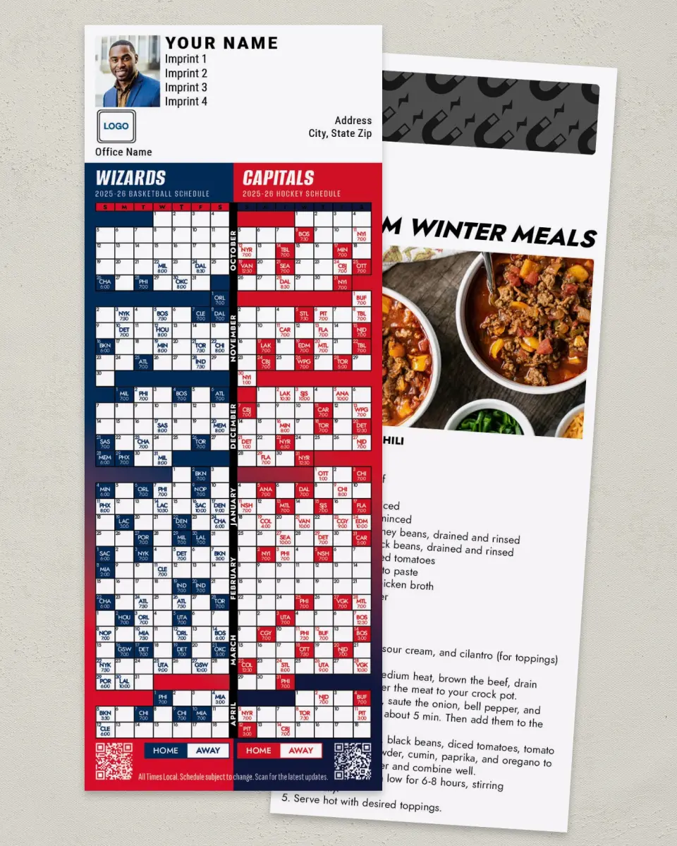 This is a 3½" x 9" Hockey & Basketball Schedule Magnet called Capitals & Wizards printed in full color