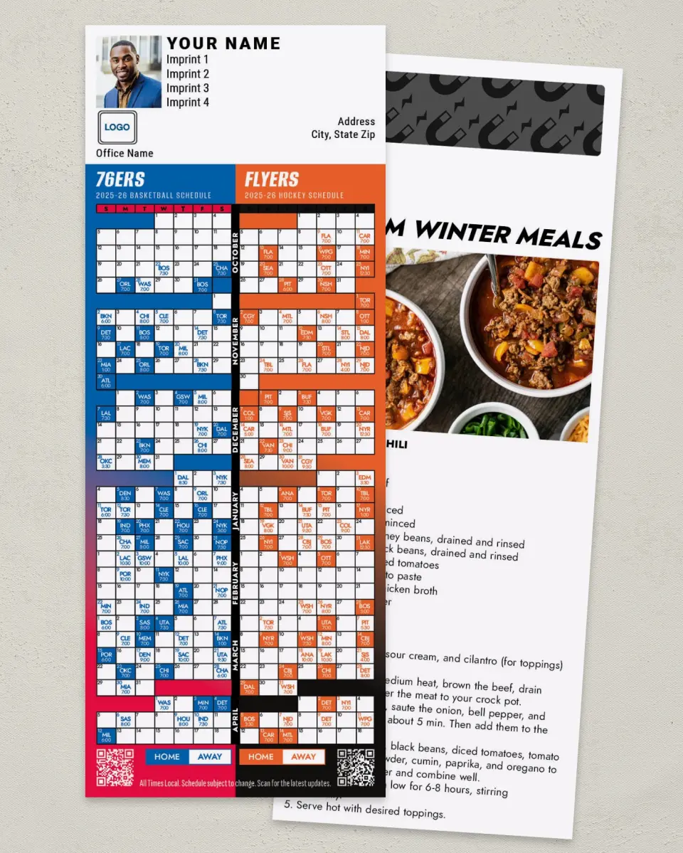This is a 3½" x 9" Hockey & Basketball Schedule Magnet called Flyers & 76ers printed in full color