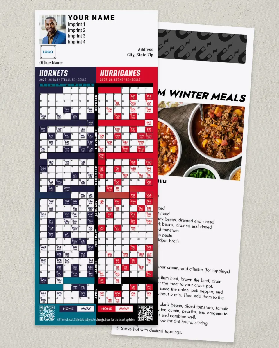 This is a 3½" x 9" Hockey & Basketball Schedule Magnet called Hurricanes & Hornets printed in full color