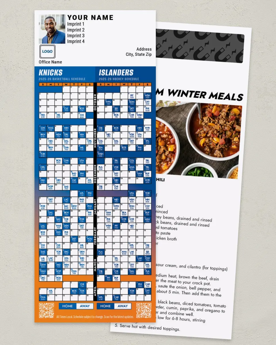 This is a 3½" x 9" Hockey & Basketball Schedule Magnet called Islanders & Knicks printed in full color