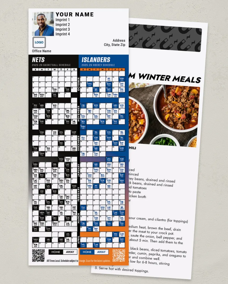 This is a 3½" x 9" Hockey & Basketball Schedule Magnet called Islanders & Nets printed in full color