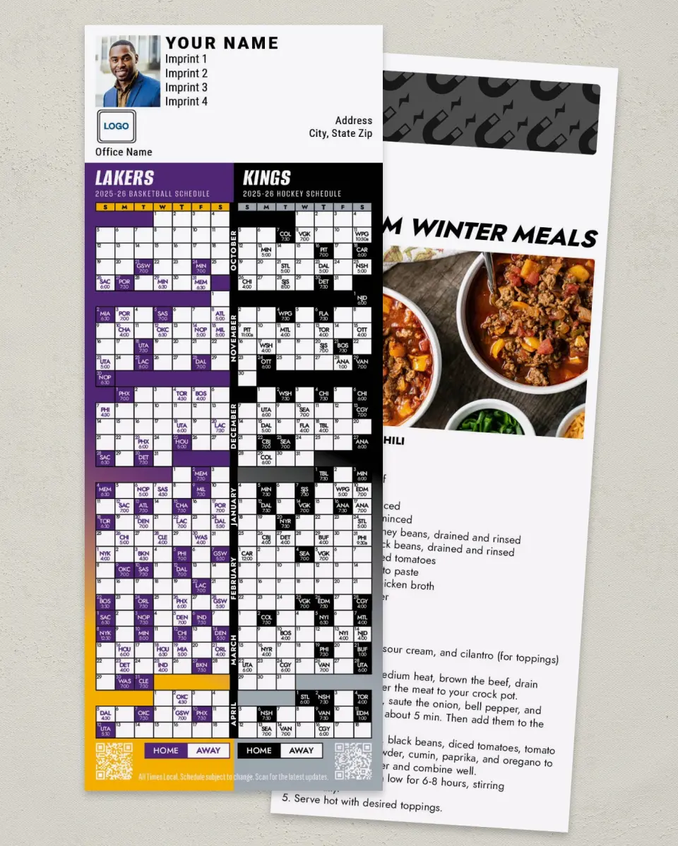 This is a 3½" x 9" Hockey & Basketball Schedule Magnet called Kings & Lakers printed in full color