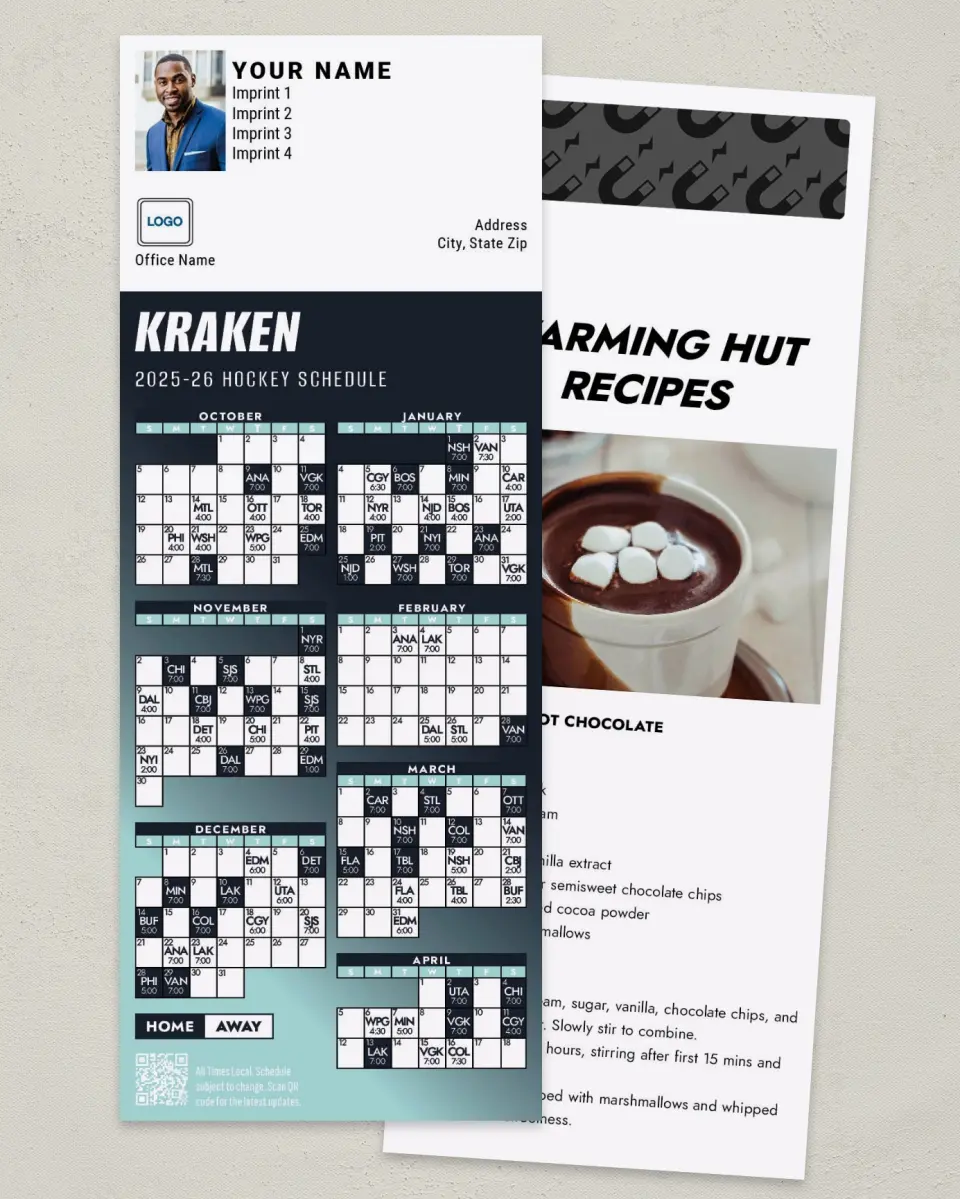 This is a 3½" x 9" Hockey Schedule MagnetCard called Seattle Kraken printed in full color