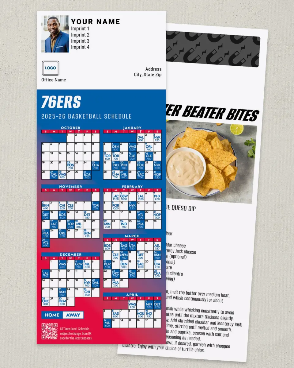 This is a 3½" x 9" Basketball Schedule MagnetCard called Philadelphia 76ers printed in full color