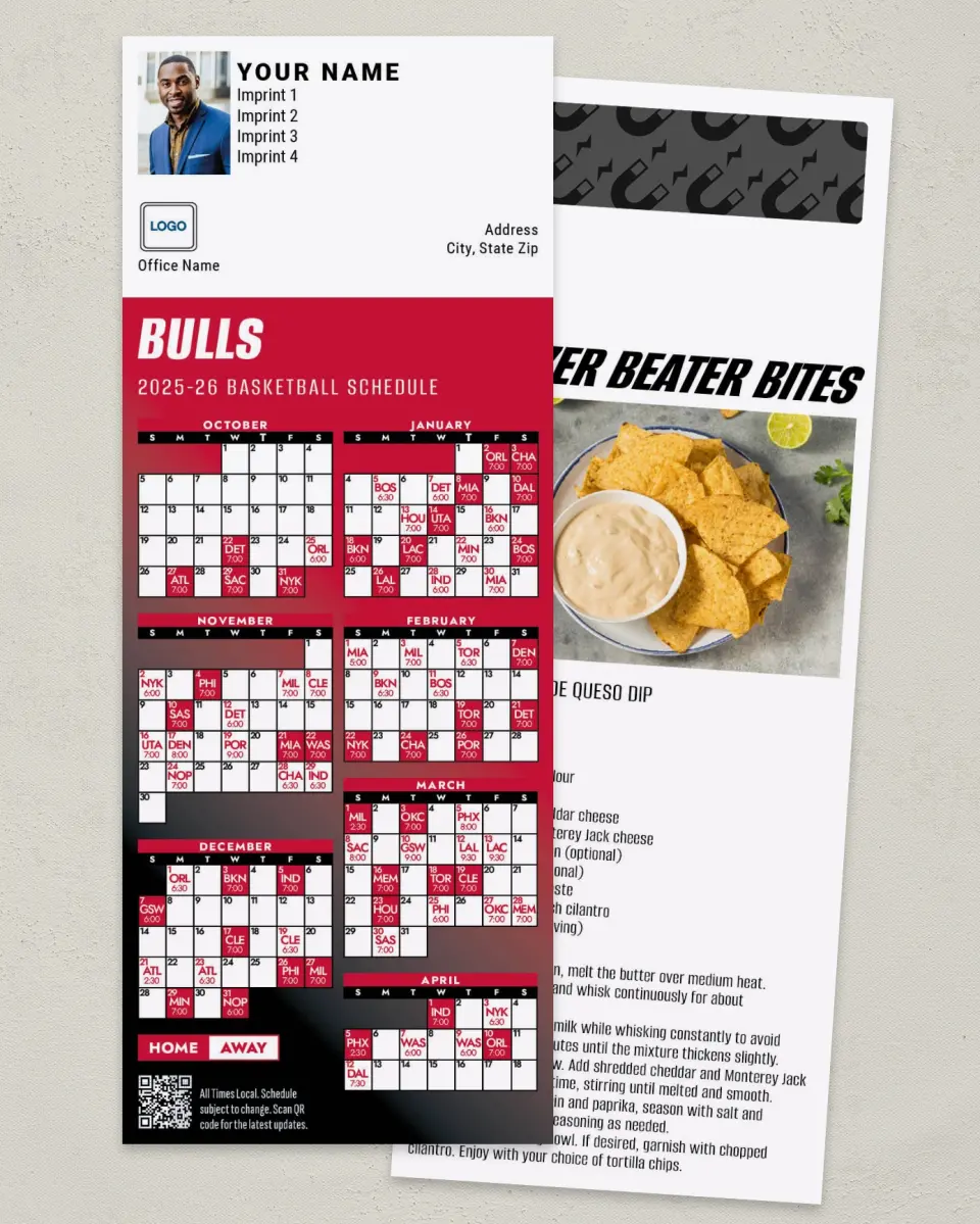 This is a 3½" x 9" Basketball Schedule MagnetCard called Chicago Bulls printed in full color