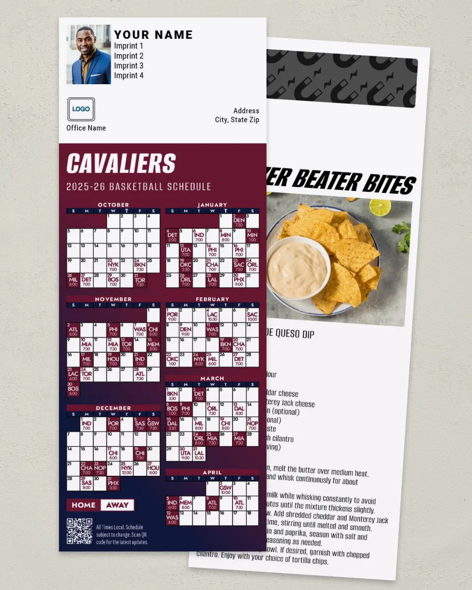 This is a 3½" x 9" Basketball Schedule MagnetCard called Cleveland Cavaliers printed in full color