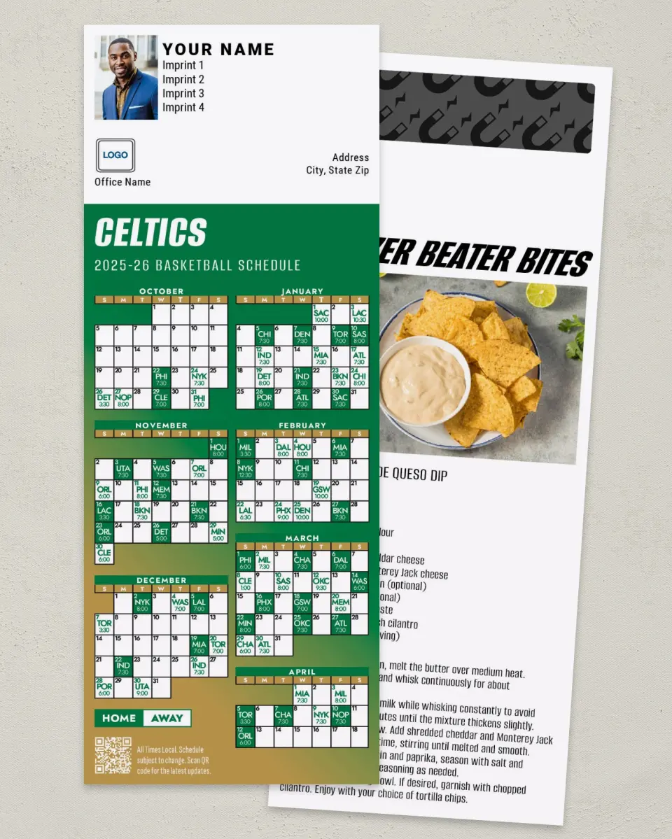 This is a 3½" x 9" Basketball Schedule MagnetCard called Boston Celtics printed in full color