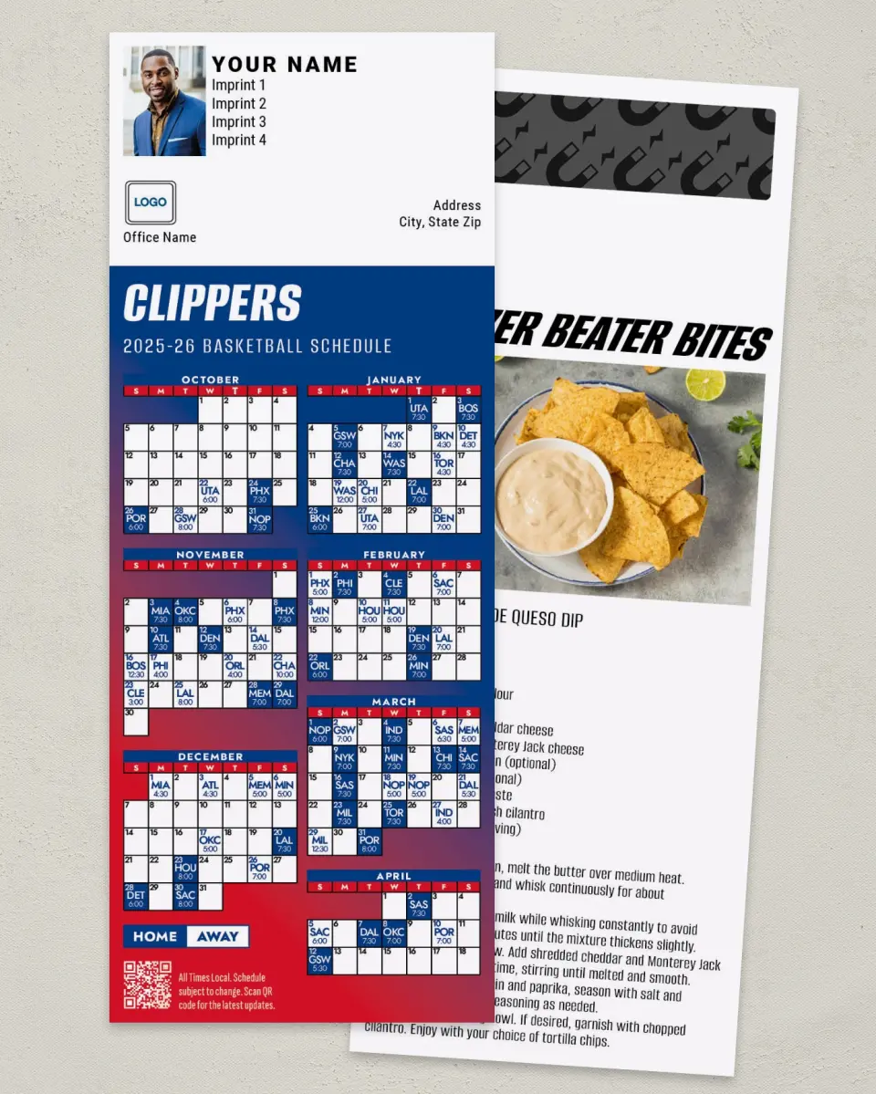 This is a 3½" x 9" Basketball Schedule MagnetCard called Los Angeles Clippers printed in full color