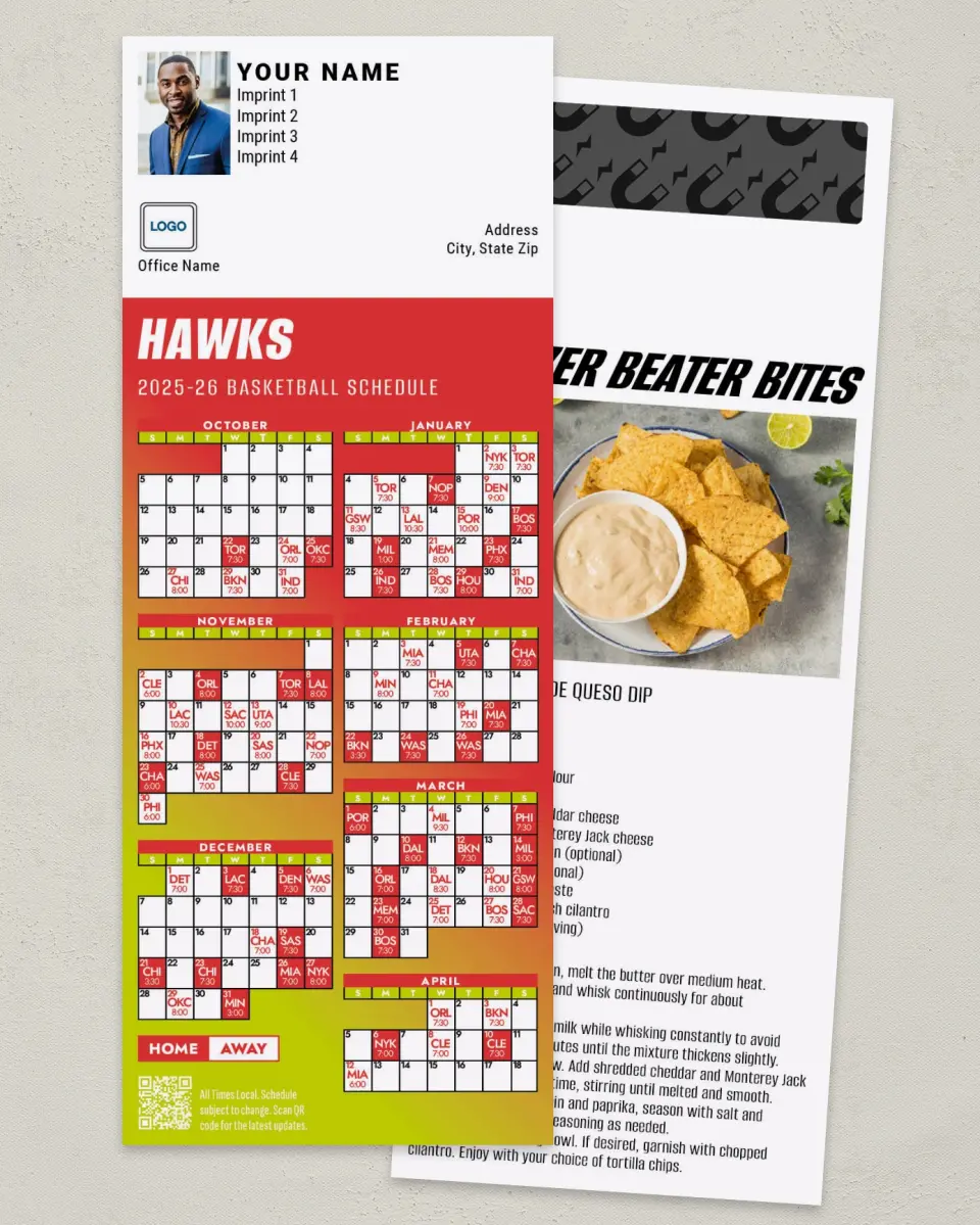 This is a 3½" x 9" Basketball Schedule MagnetCard called Atlanta Hawks printed in full color