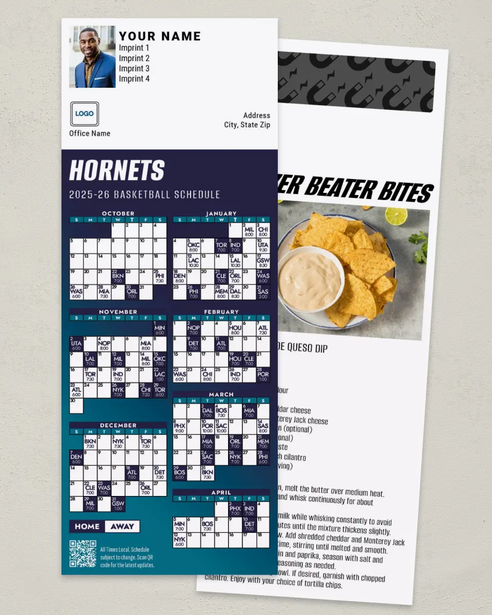This is a 3½" x 9" Basketball Schedule MagnetCard called Charlotte Hornets printed in full color