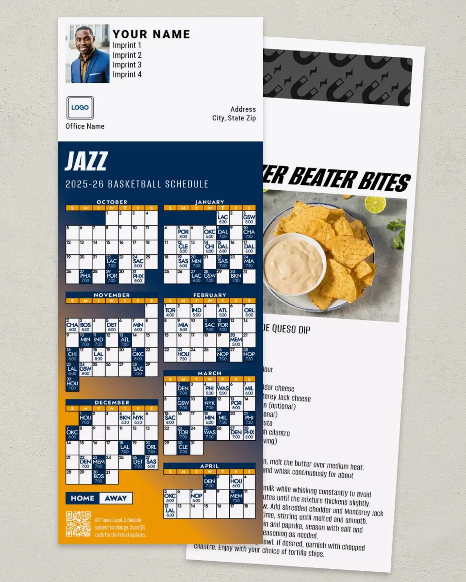 This is a 3½" x 9" Basketball Schedule MagnetCard called Utah Jazz printed in full color