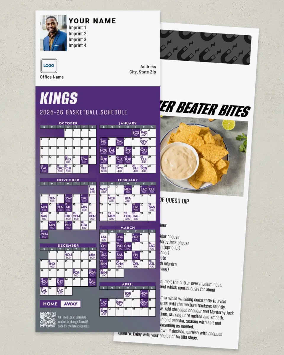 This is a 3½" x 9" Basketball Schedule MagnetCard called Sacramento Kings printed in full color