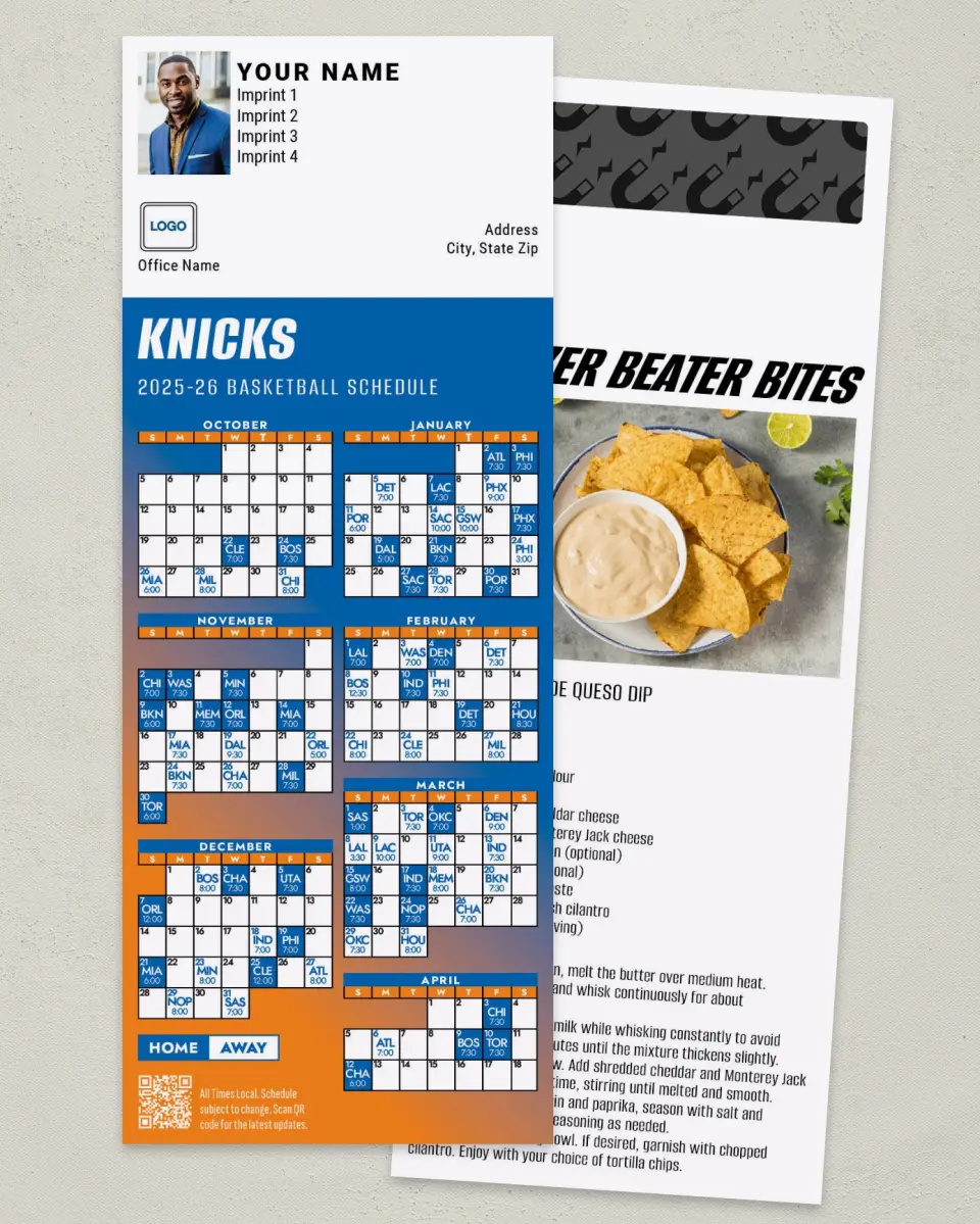 This is a 3½" x 9" Basketball Schedule MagnetCard called New York Knicks printed in full color