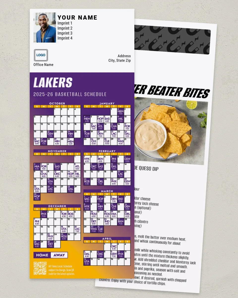 This is a 3½" x 9" Basketball Schedule MagnetCard called Los Angeles Lakers printed in full color