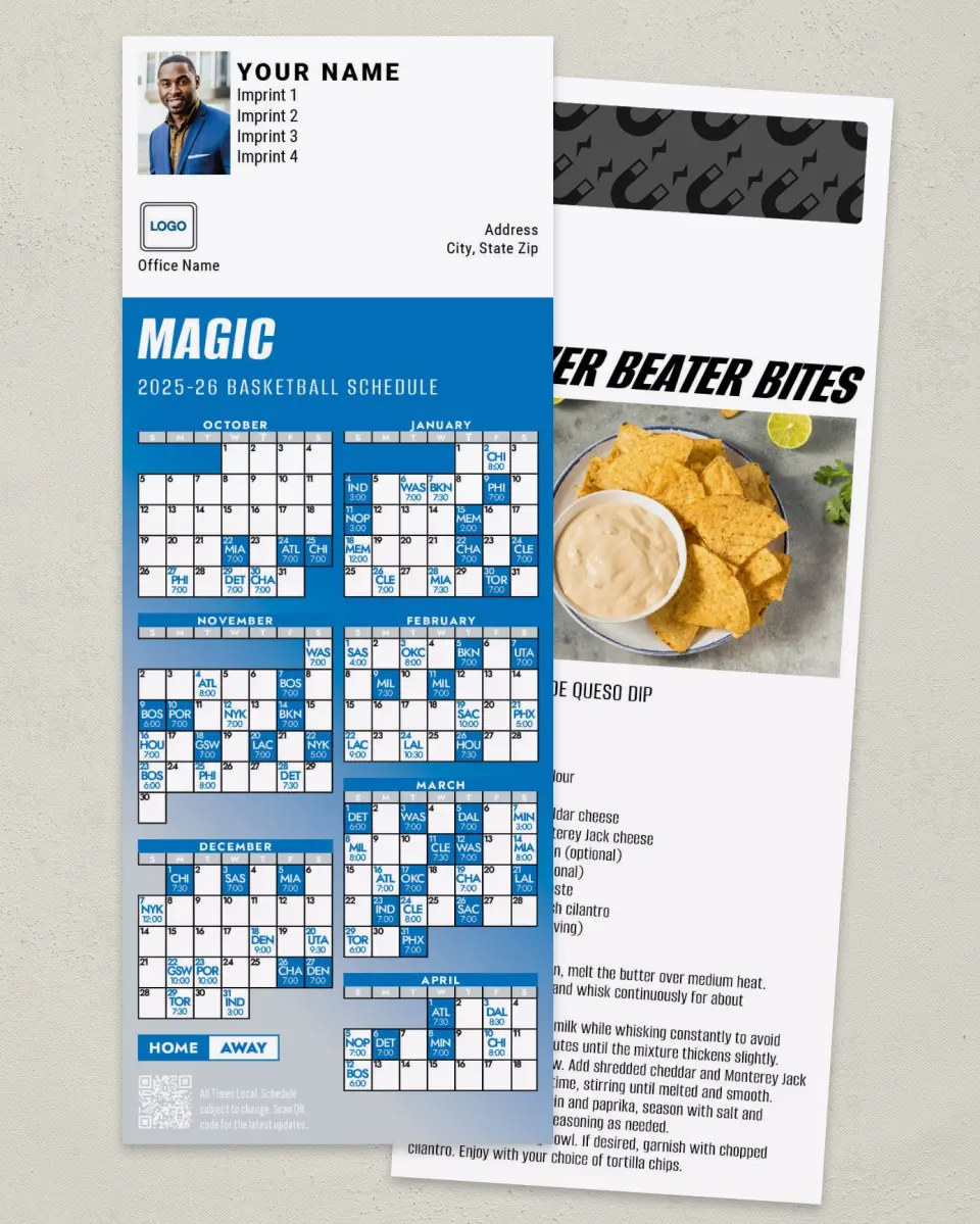 This is a 3½" x 9" Basketball Schedule MagnetCard called Orlando Magic printed in full color