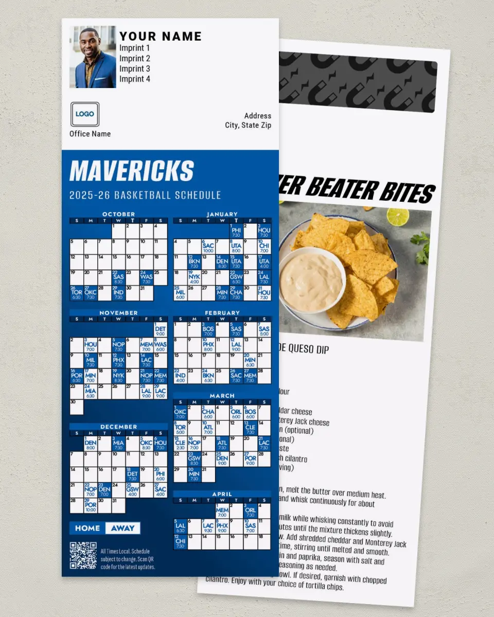 This is a 3½" x 9" Basketball Schedule MagnetCard called Dallas Mavericks printed in full color