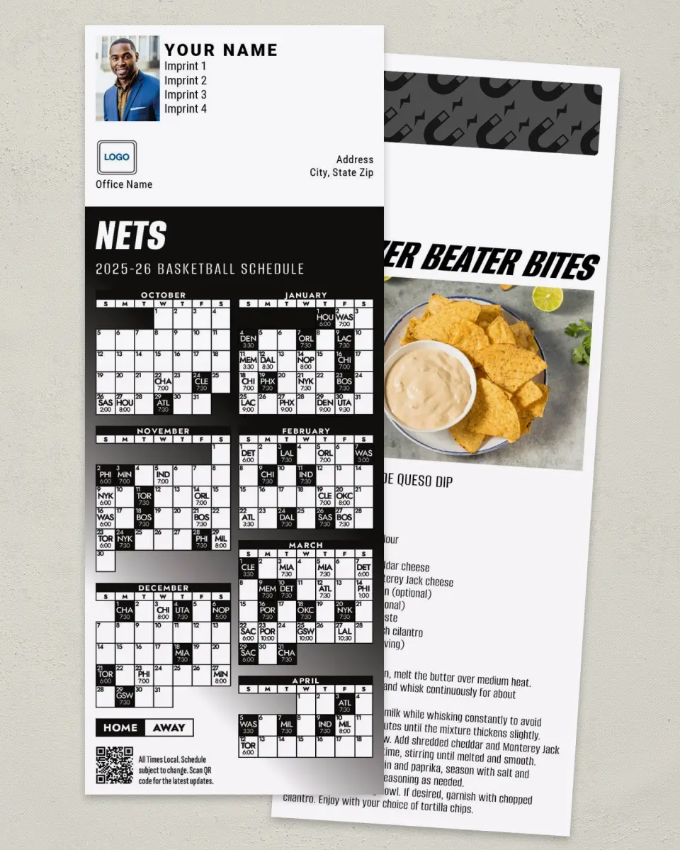 This is a 3½" x 9" Basketball Schedule MagnetCard called Brooklyn Nets printed in full color