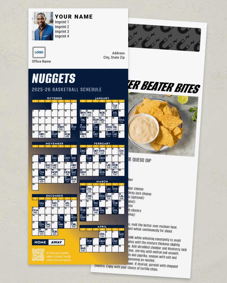 This is a 3½" x 9" Basketball Schedule MagnetCard called Denver Nuggets printed in full color