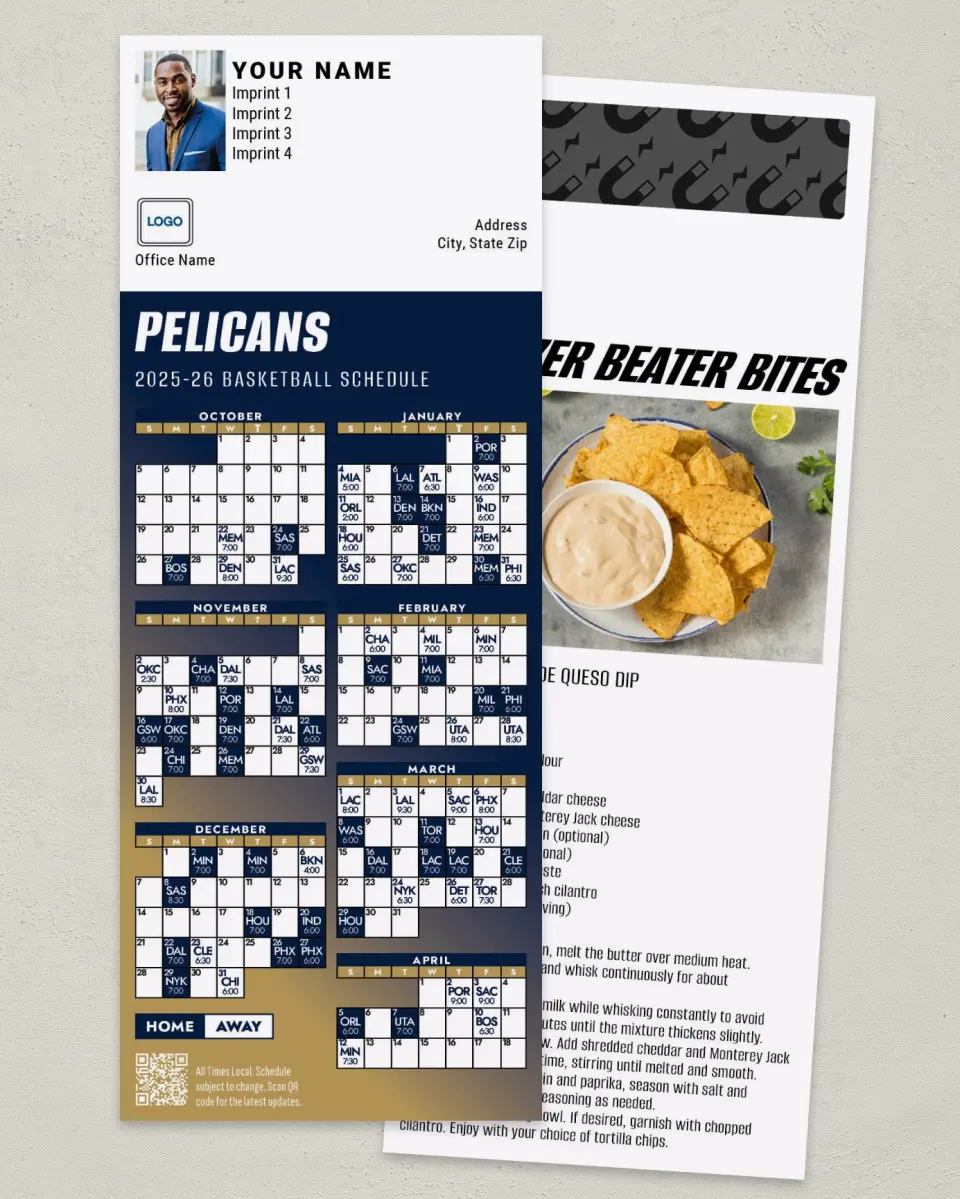 This is a 3½" x 9" Basketball Schedule MagnetCard called New Orleans Pelicans printed in full color