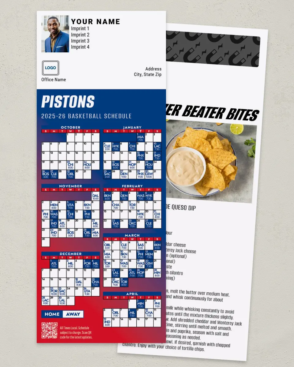 This is a 3½" x 9" Basketball Schedule MagnetCard called Detroit Pistons printed in full color