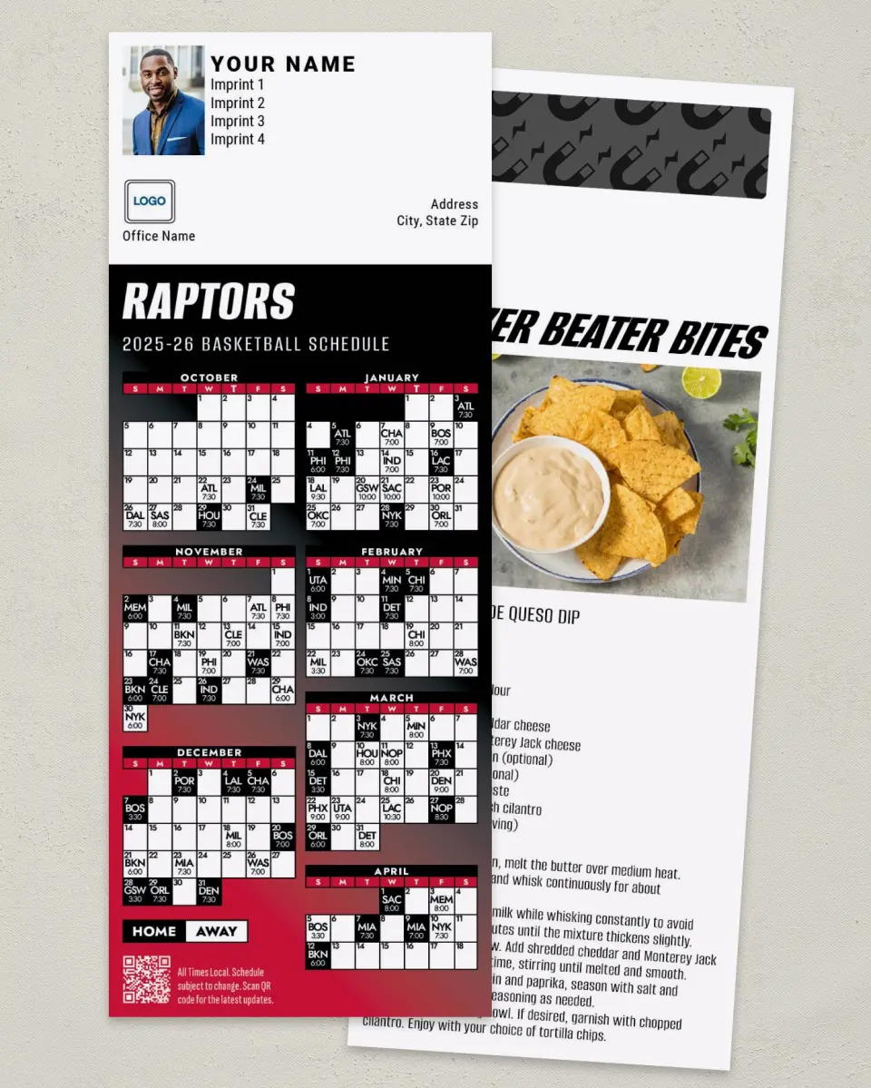 This is a 3½" x 9" Basketball Schedule MagnetCard called Toronto Raptors printed in full color