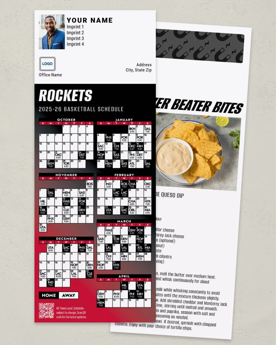 This is a 3½" x 9" Basketball Schedule MagnetCard called Houston Rockets printed in full color