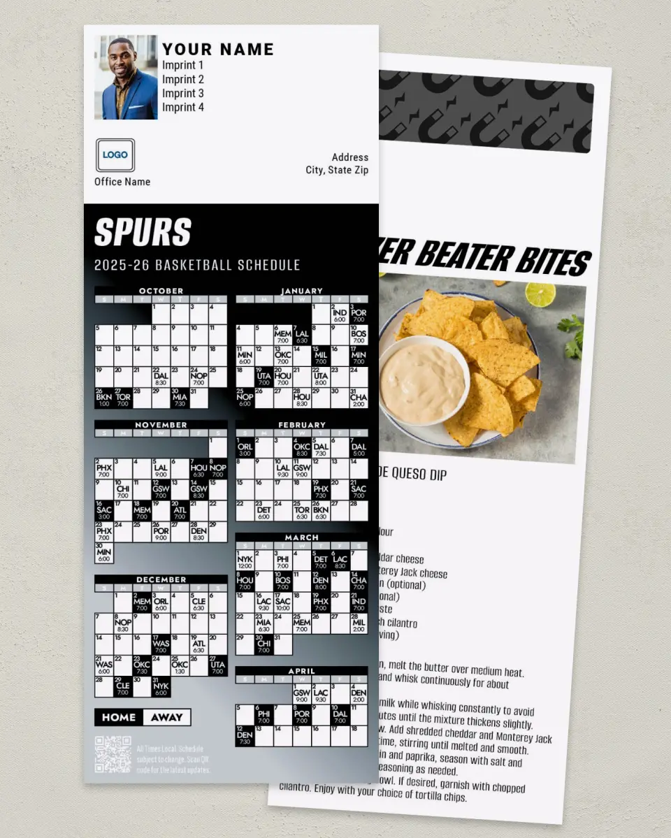 This is a 3½" x 9" Basketball Schedule MagnetCard called San Antonio Spurs printed in full color