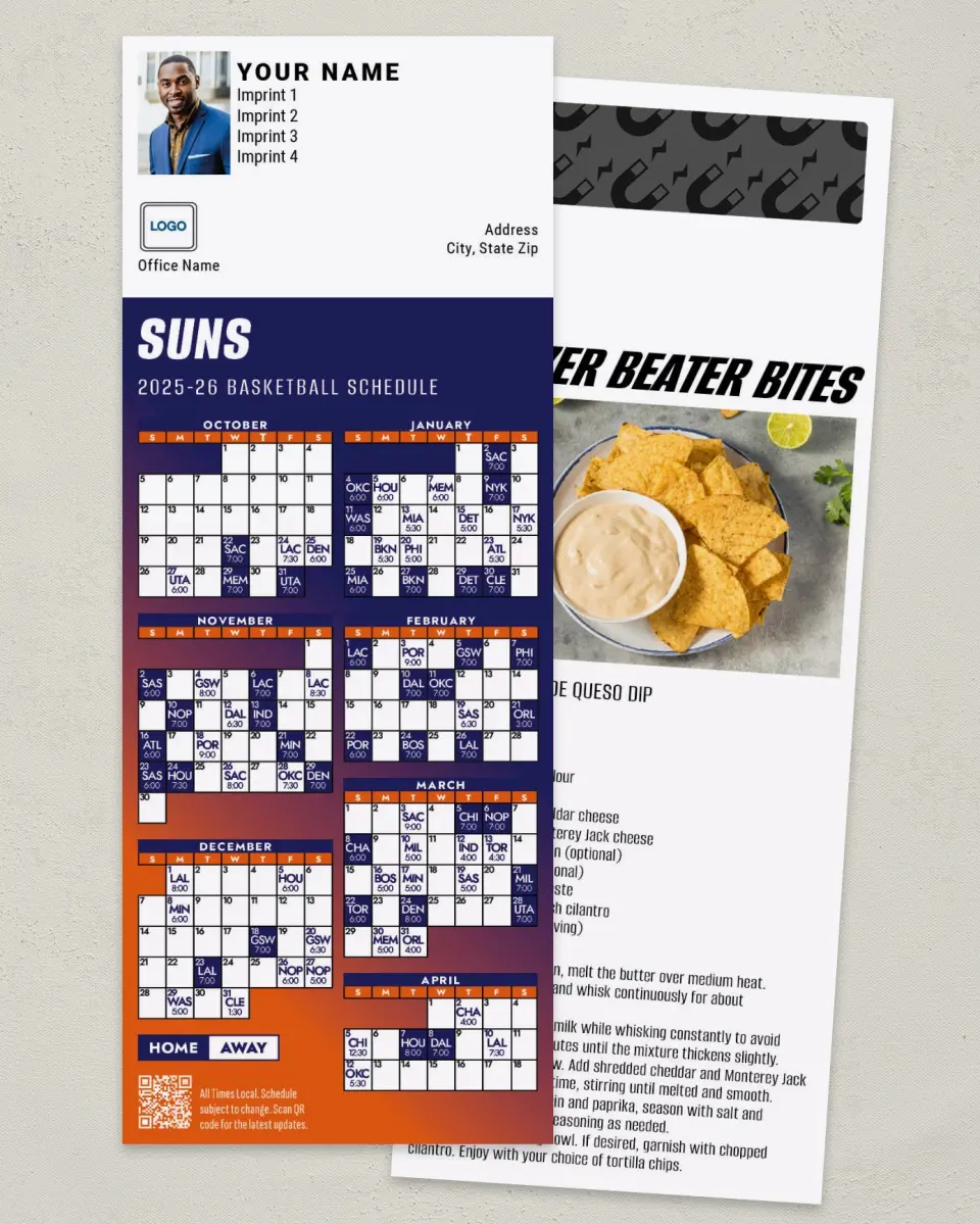 This is a 3½" x 9" Basketball Schedule MagnetCard called Phoenix Suns printed in full color