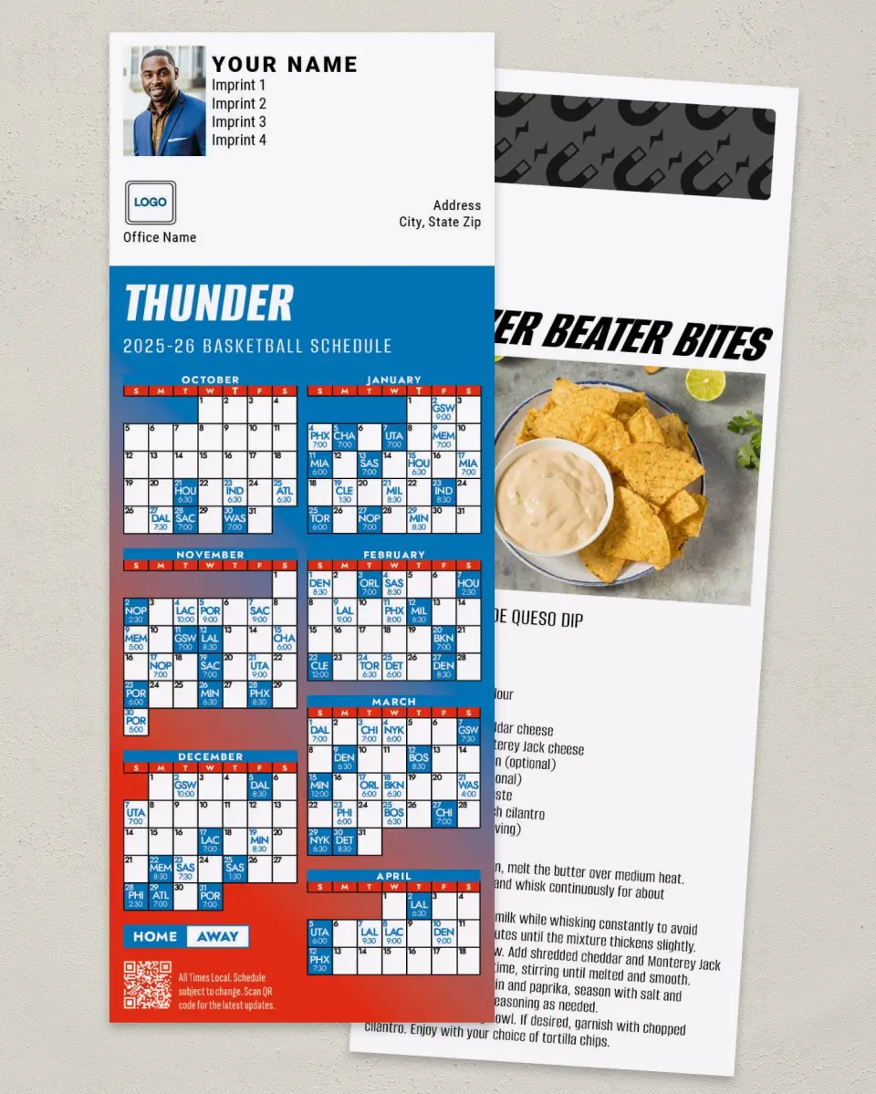This is a 3½" x 9" Basketball Schedule MagnetCard called Oklahoma City Thunder printed in full color
