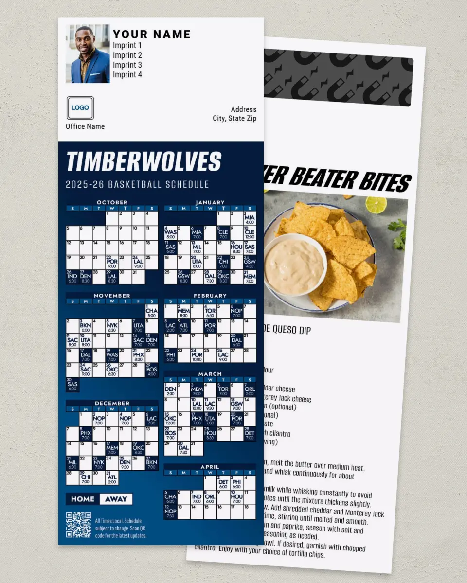 This is a 3½" x 9" Basketball Schedule MagnetCard called Minnesota Timberwolves printed in full color
