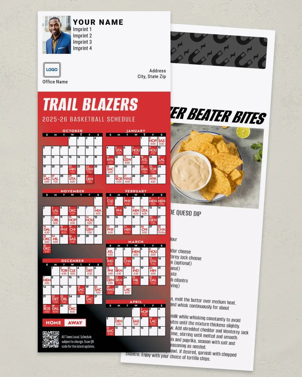 This is a 3½" x 9" Basketball Schedule MagnetCard called Portland Trail Blazers printed in full color