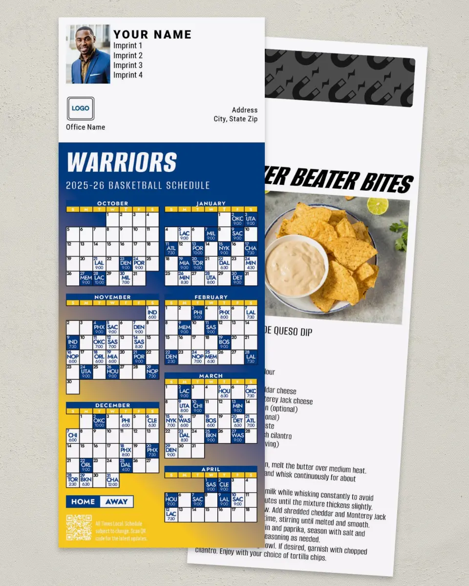 This is a 3½" x 9" Basketball Schedule MagnetCard called Golden State Warriors printed in full color