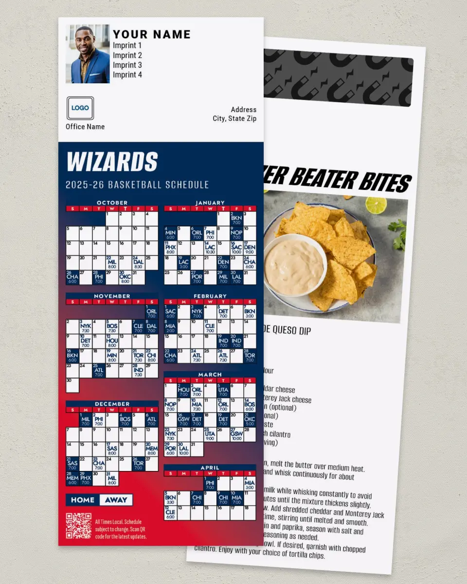 This is a 3½" x 9" Basketball Schedule MagnetCard called Washington Wizards printed in full color