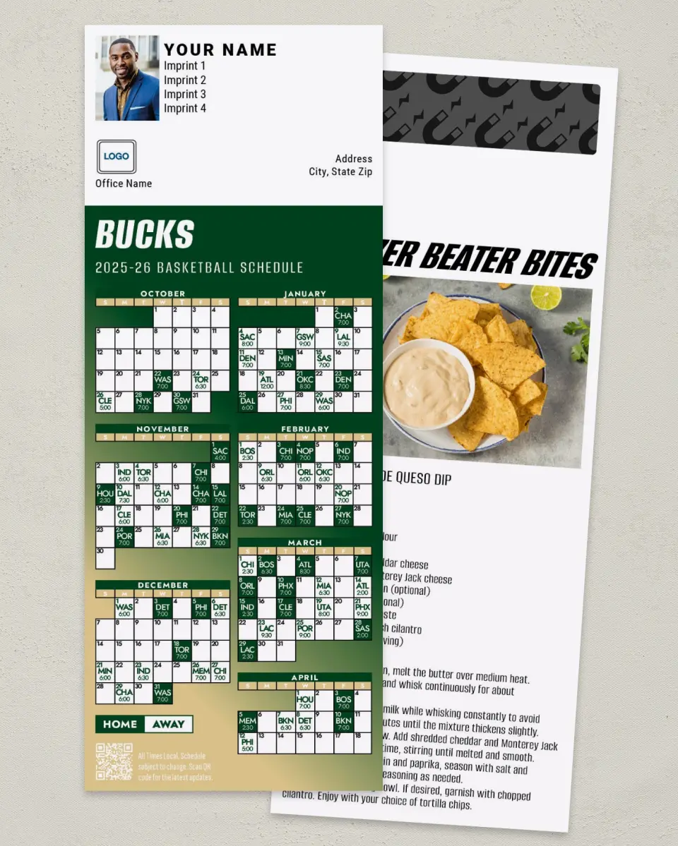 This is a 3½" x 9" Basketball Schedule MagnetCard called Milwaukee Bucks printed in full color