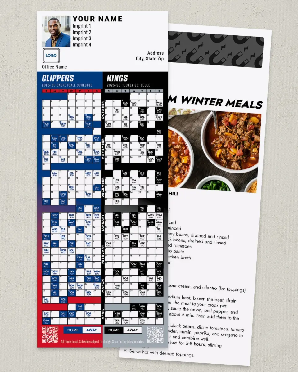 This is a 3½" x 9" Hockey & Basketball Schedule Magnet called Kings & Clippers printed in full color