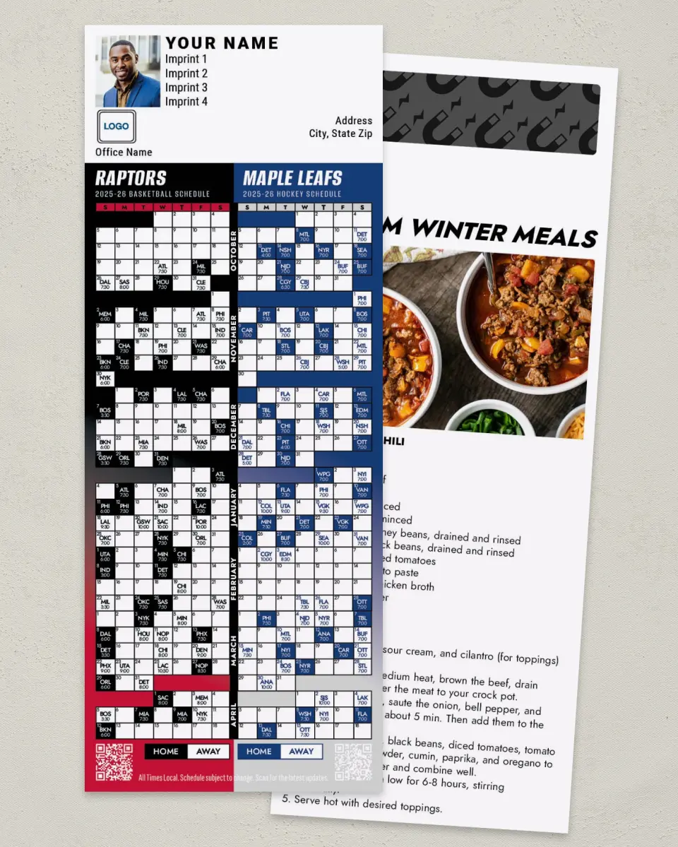 This is a 3½" x 9" Hockey & Basketball Schedule Magnet called Maple Leafs & Raptors printed in full color