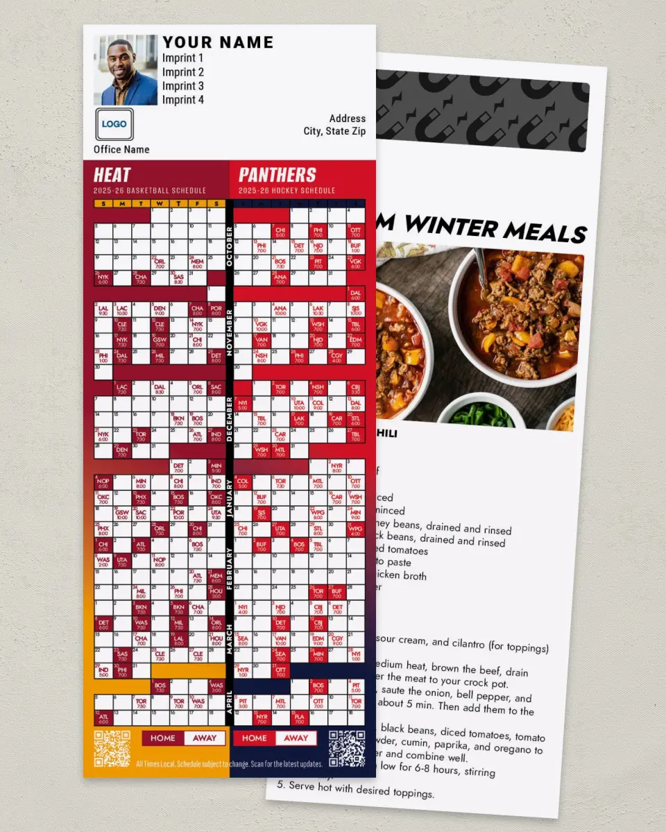 This is a 3½" x 9" Hockey & Basketball Schedule Magnet called Panthers & Heat printed in full color