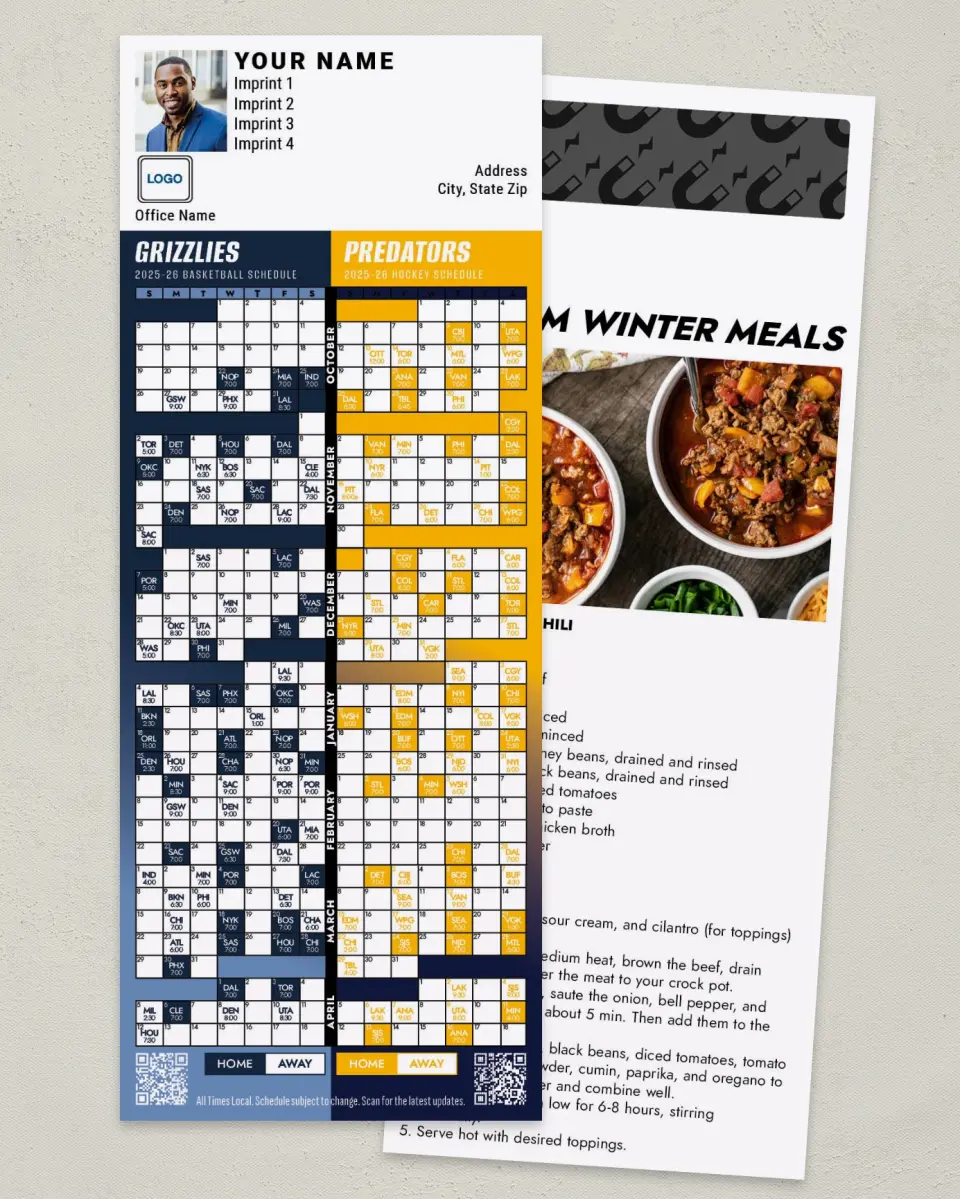 This is a 3½" x 9" Hockey & Basketball Schedule Magnet called Predators & Grizzlies printed in full color