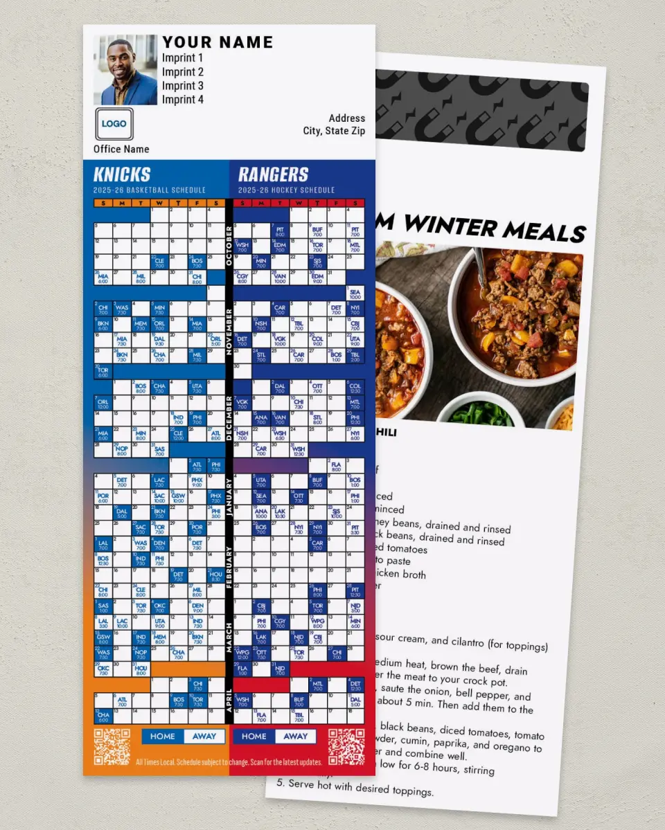 This is a 3½" x 9" Hockey & Basketball Schedule Magnet called Rangers & Knicks printed in full color