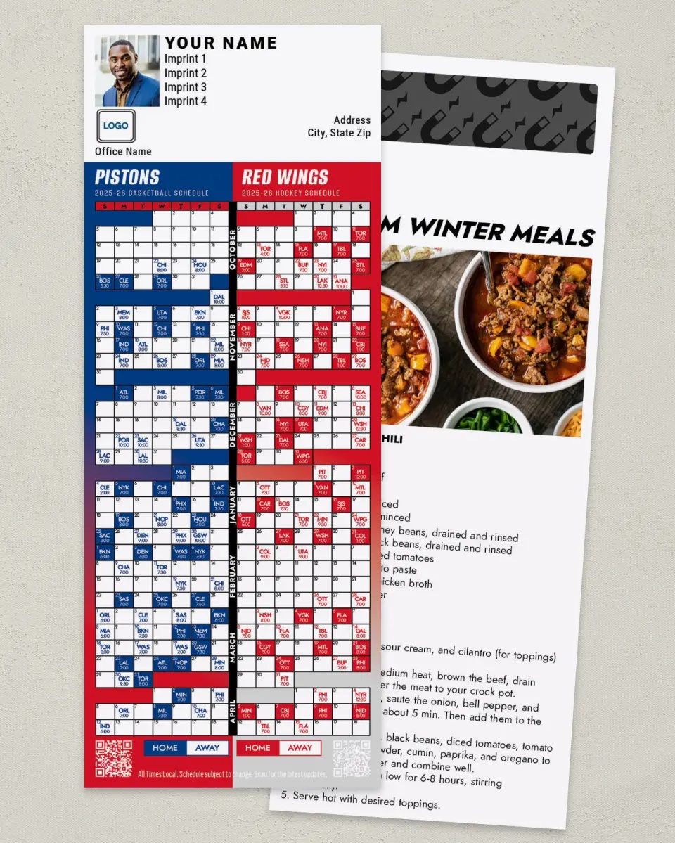 This is a 3½" x 9" Hockey & Basketball Schedule Magnet called Red Wings & Pistons printed in full color