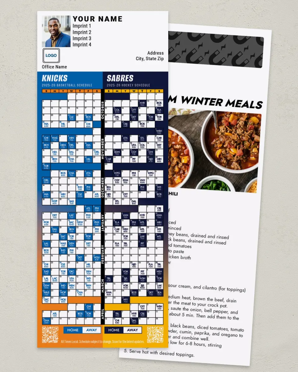 This is a 3½" x 9" Hockey & Basketball Schedule Magnet called Sabres & Knicks printed in full color